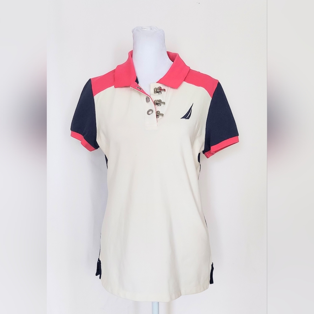 Nautica Color Block Logo Short Sleeve Collared Polo Shirt Size Medium